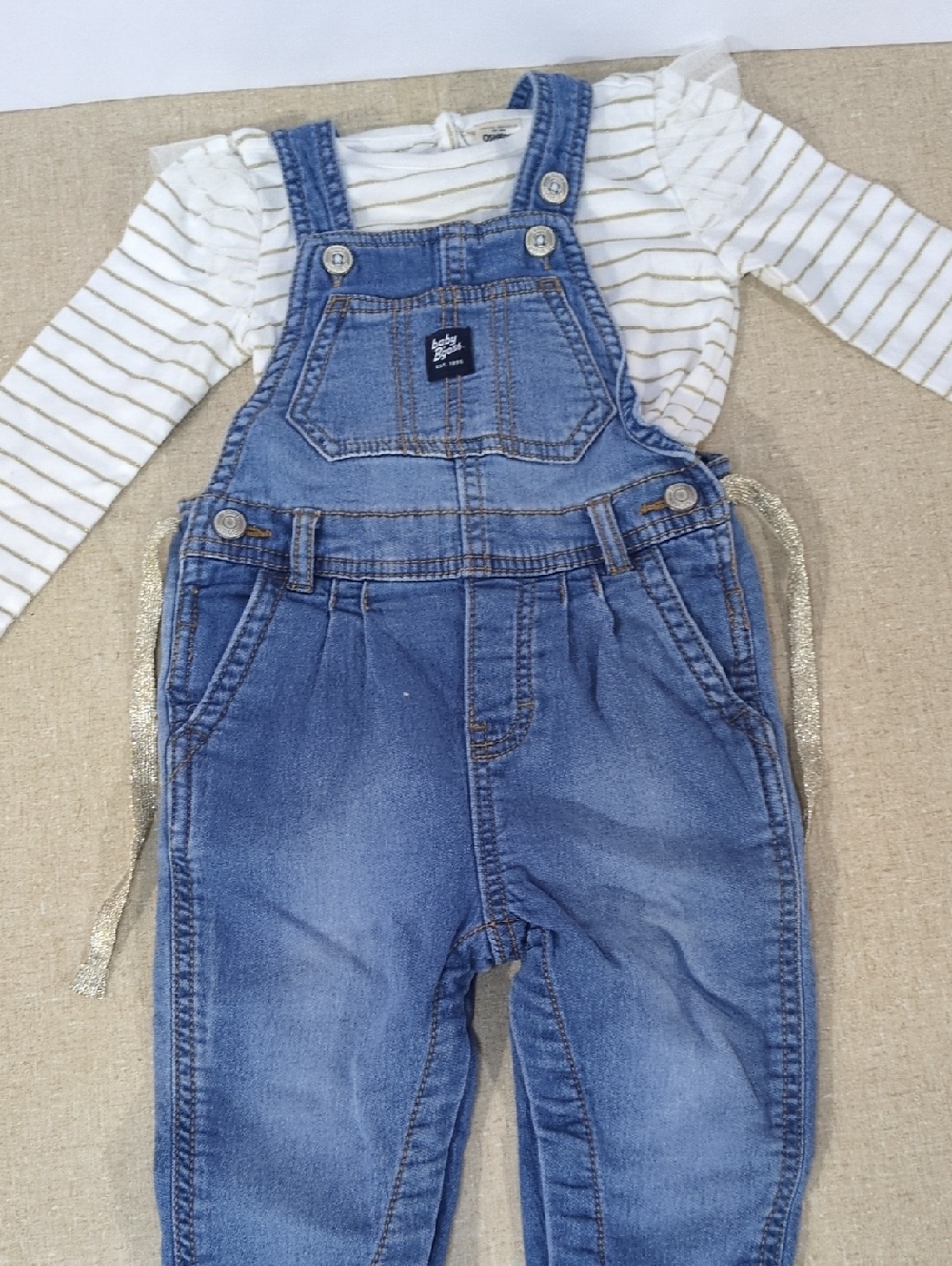 18m Denim Blue Overalls Snap Button Gold Belt Pockets Tulle Ruffle Long Shirt